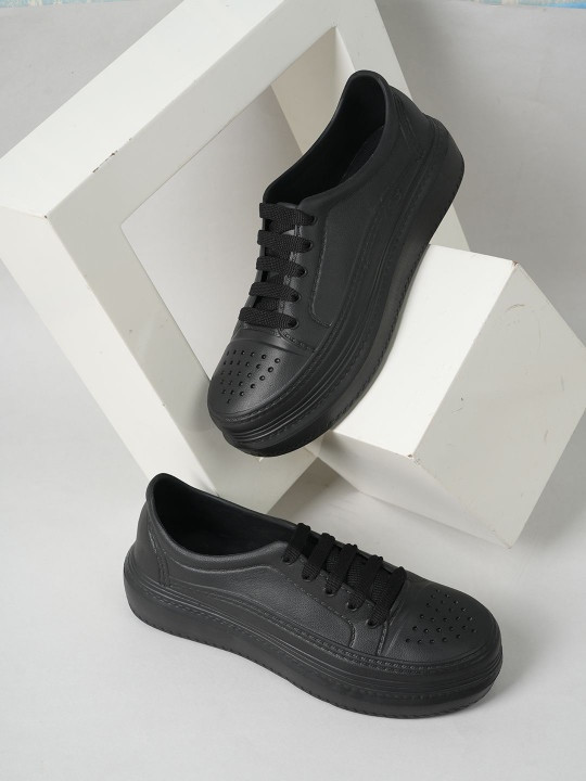 The Co Women Black Textured Casual Sneakers with Laser Cuts