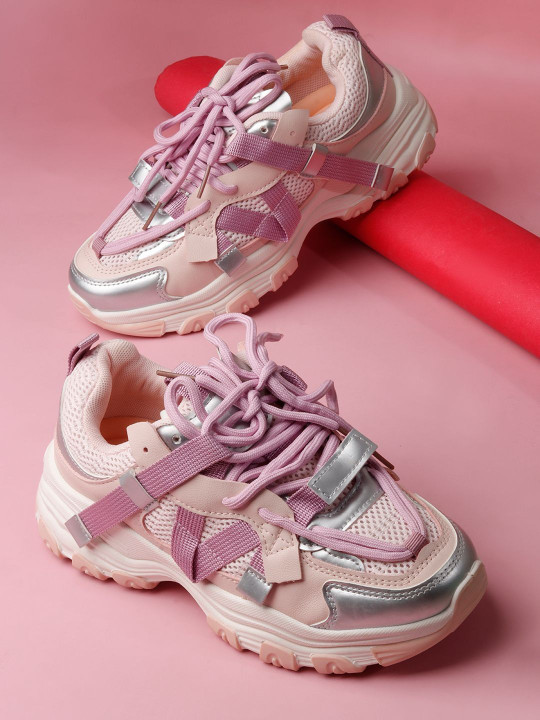 Women Colourblocked Round Toe Pink Sneakers